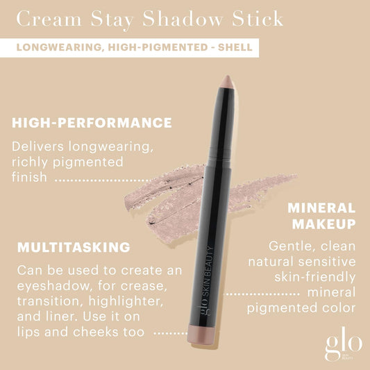 Glo Skin Beauty Cream Stay Shadow Stick (Shell) - Multi-Purpose Eyeshadow Mineral Makeup Can Also Be Used as Liner on Lips or Cheeks, 12-Hours of Wear